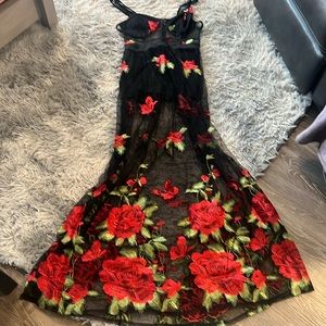 See-through rose black dress with built in bra and shorts